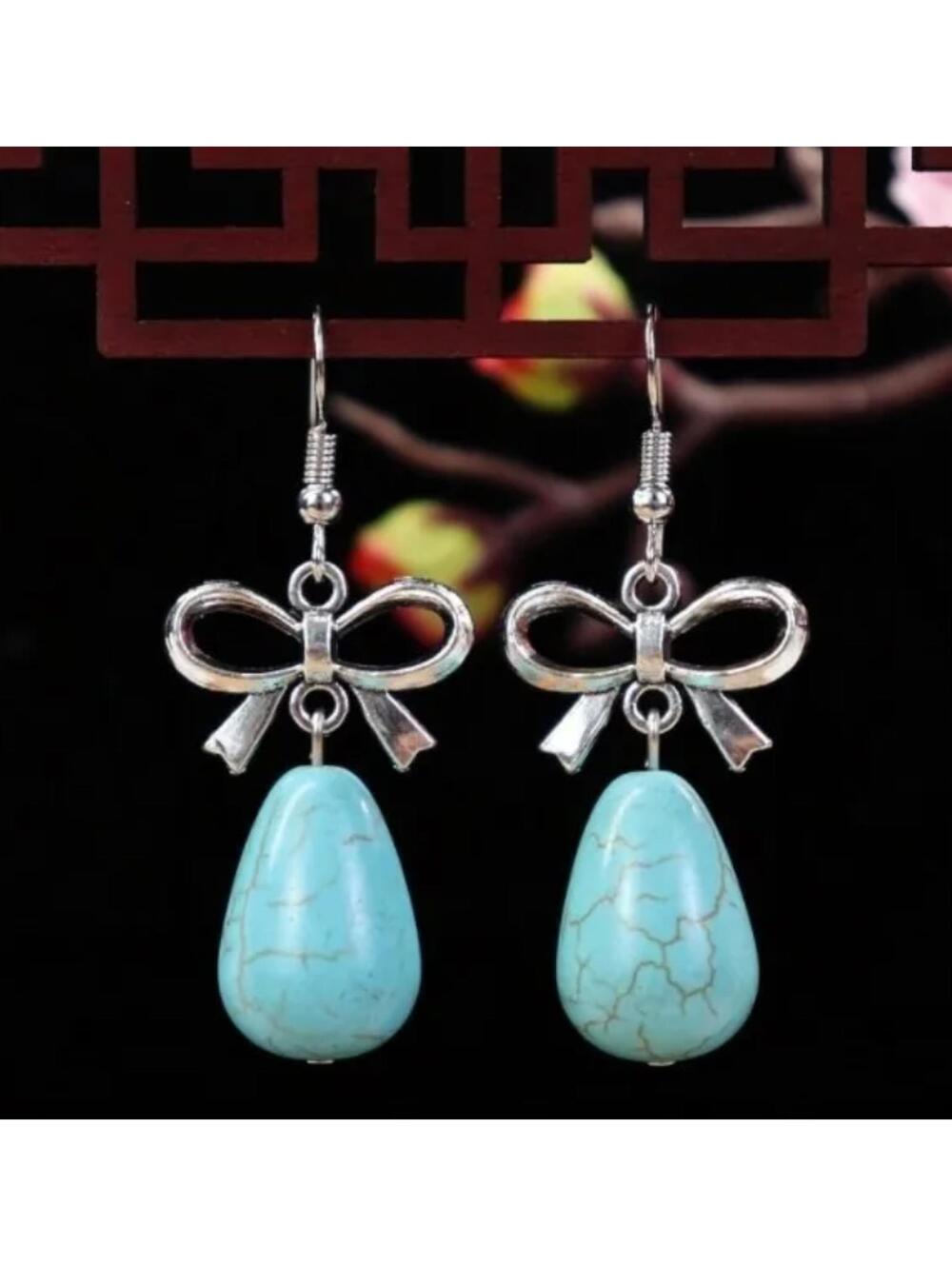 Bow and turquoise earrings - Silver - 1.75"